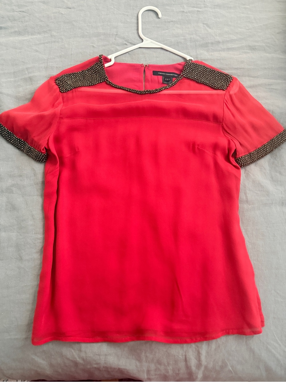French Connection Red Short Sleeve Top with Beaded Trim